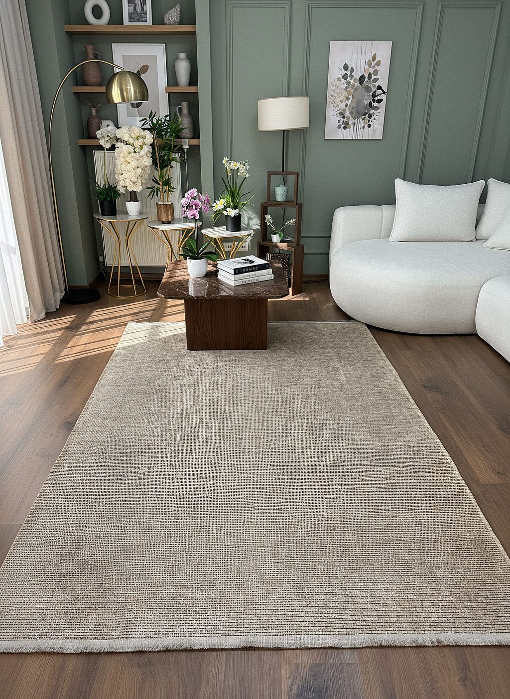 ŞÖNİL SUDE-BEJ Makinede Yıkanabilir Modern Sade Desenli Salon Koridor Mutfak Şönil Dokuma Halı