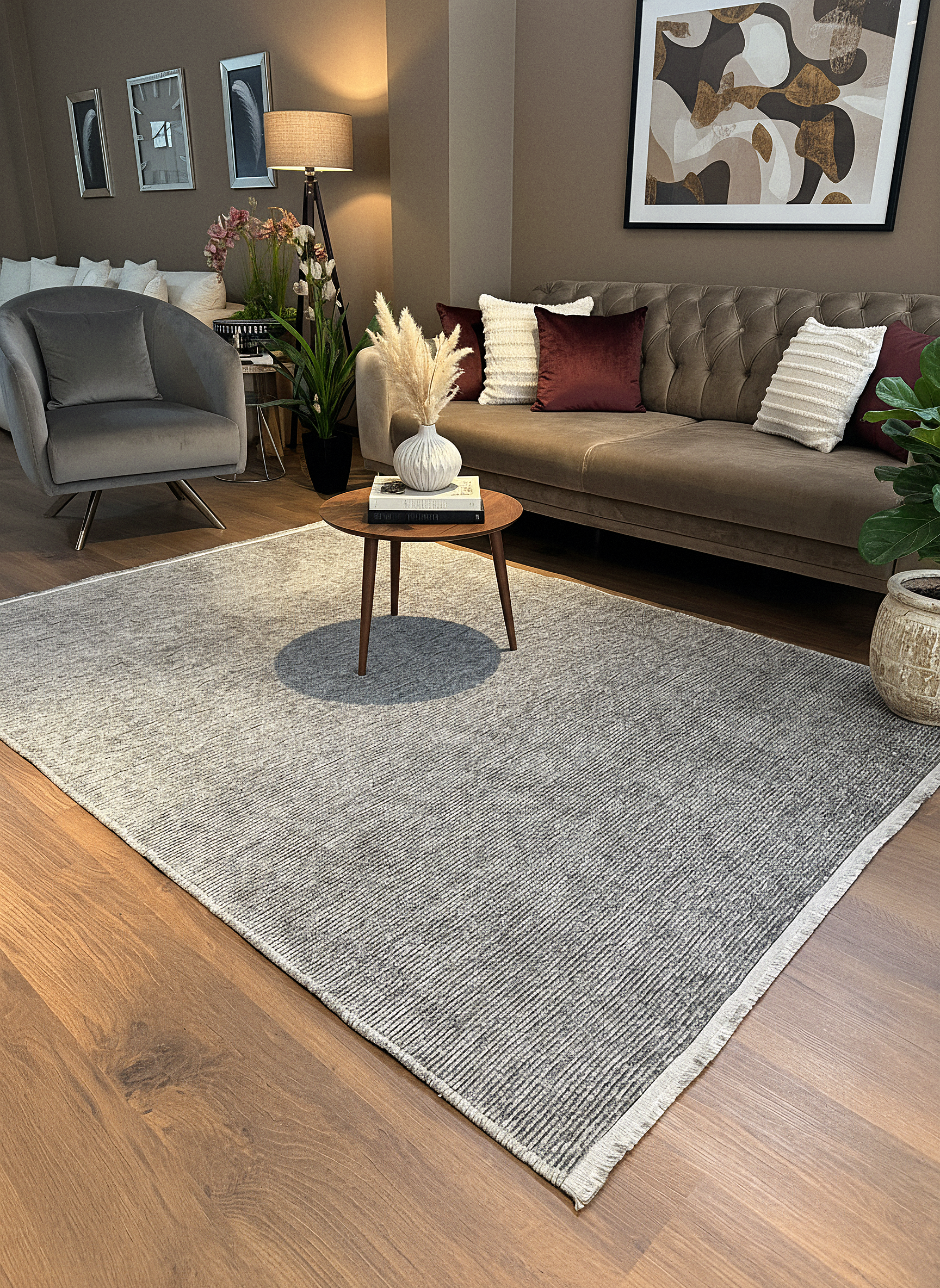 ŞÖNİL SUDE-GRİ Makinede Yıkanabilir Modern Sade Desenli Salon Koridor Mutfak Şönil Dokuma Halı