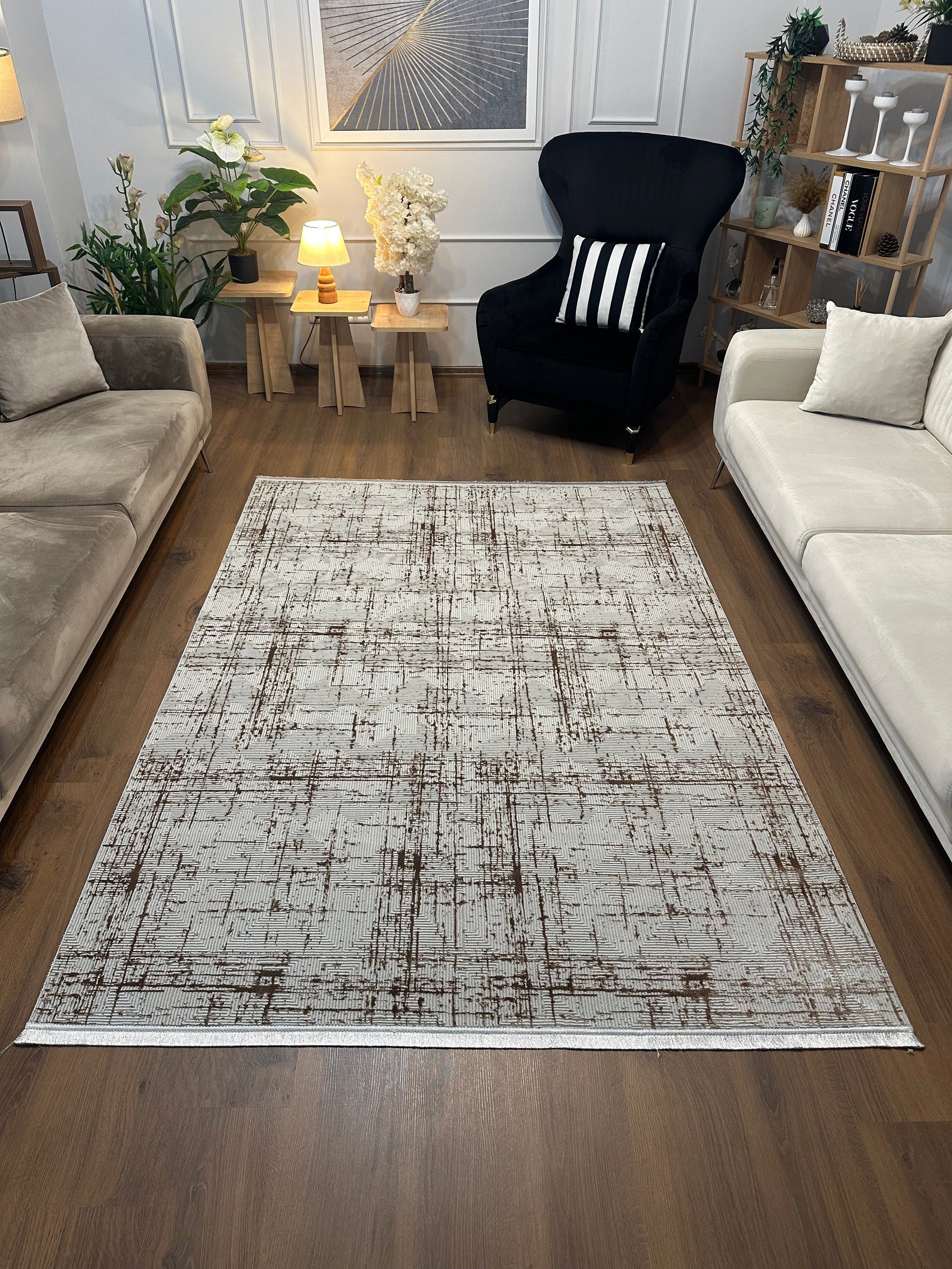 LOTUS 50T-KAHVE/KREM Sentetik Bambu Parlak Saten Salon Koridor Mutfak Halısı