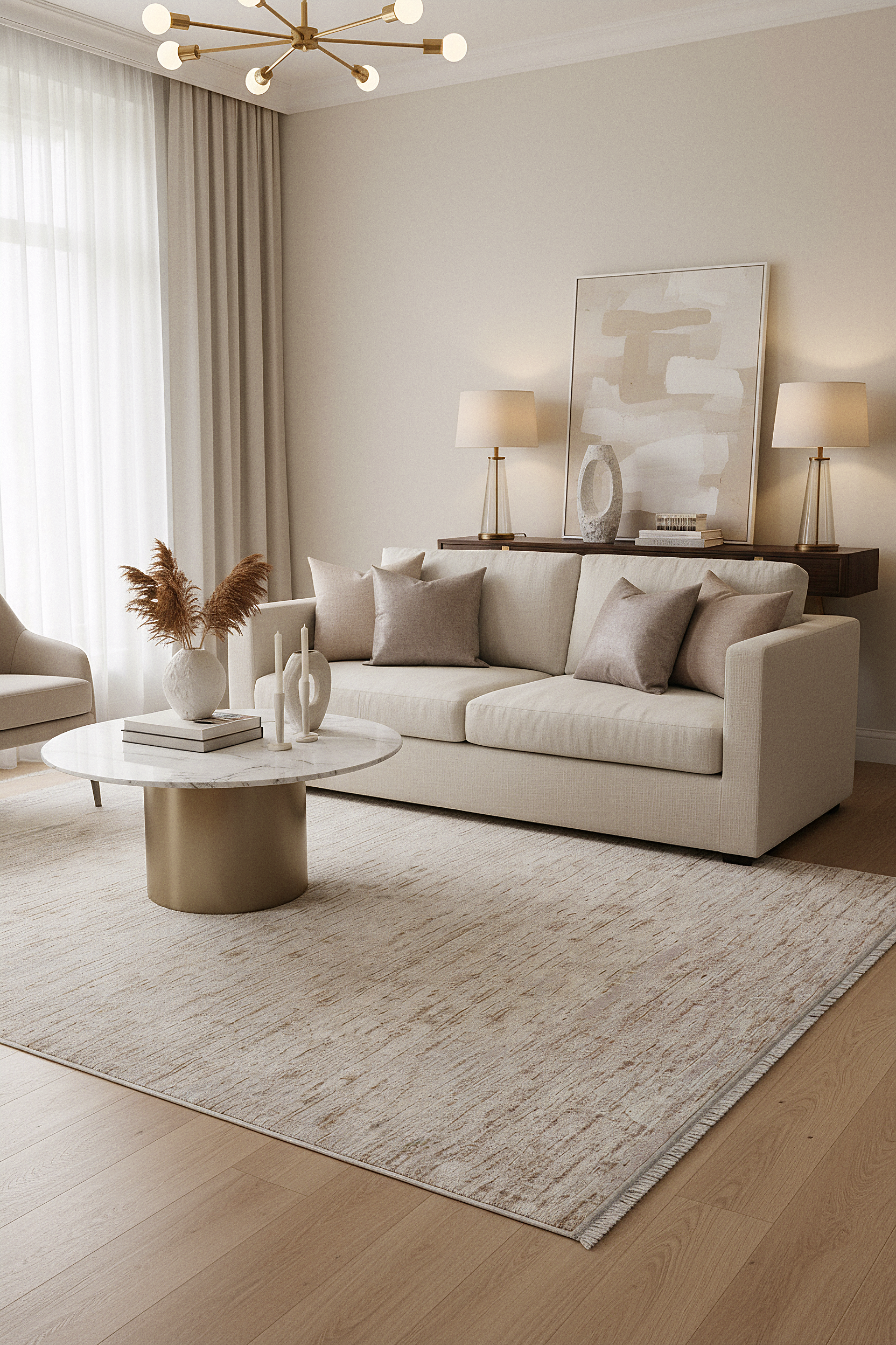 LOTUS 8014-T-KAHVE/KREM Sentetik Bambu Parlak Saten Salon Koridor Mutfak Halısı