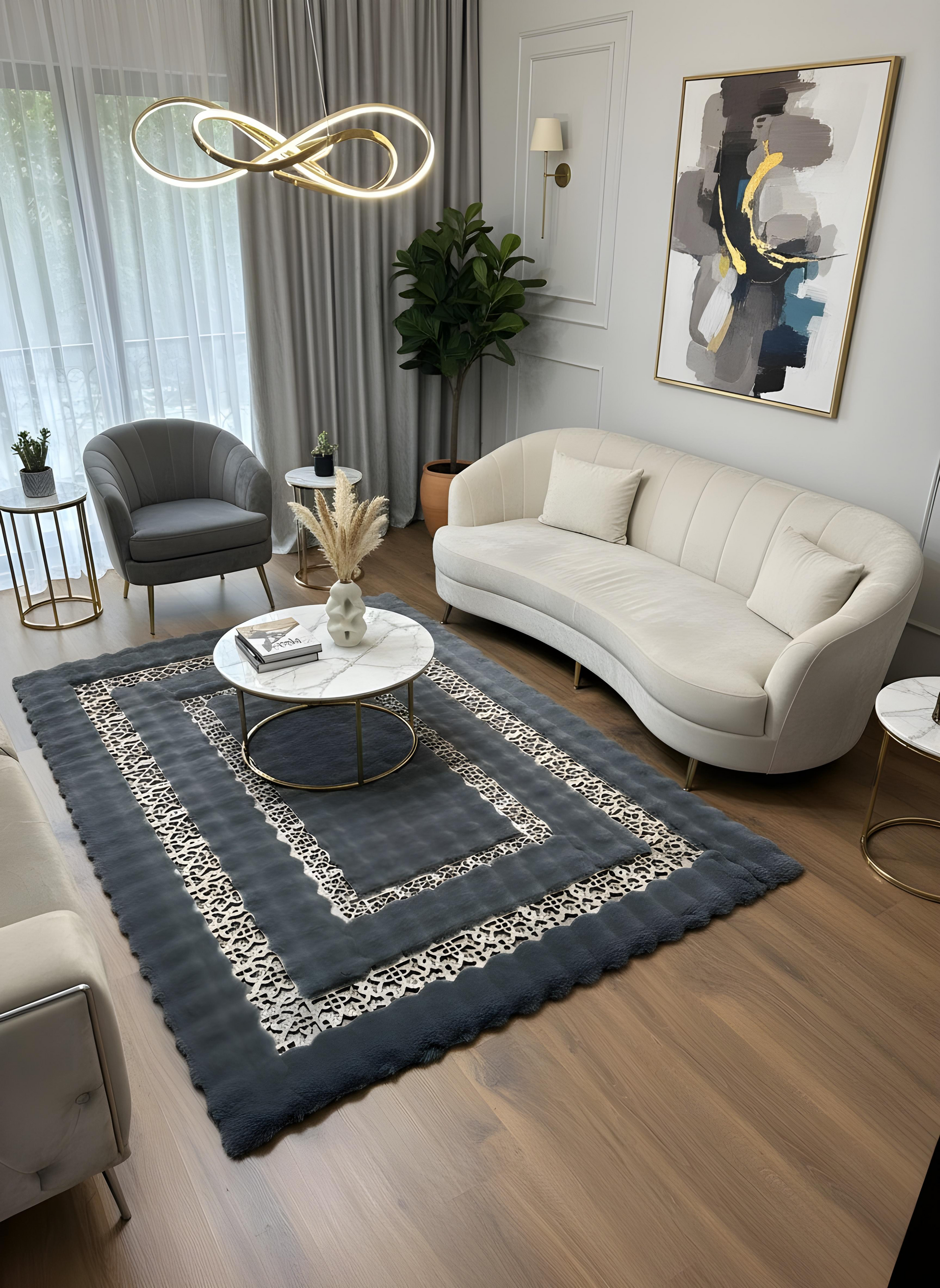 Royal Serisi Turmalin - El İşçiliği ile Tavşan Post ve Varaklı Deri Dekoratif Halı