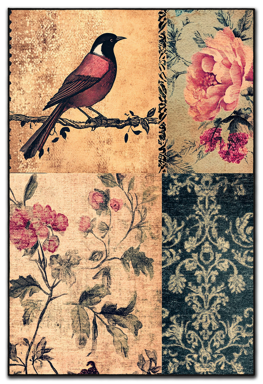 ARTE VN053 Kuş ve Çiçek Figürlü Vintage Dekoratif Salon Mutfak Koridor Halısı