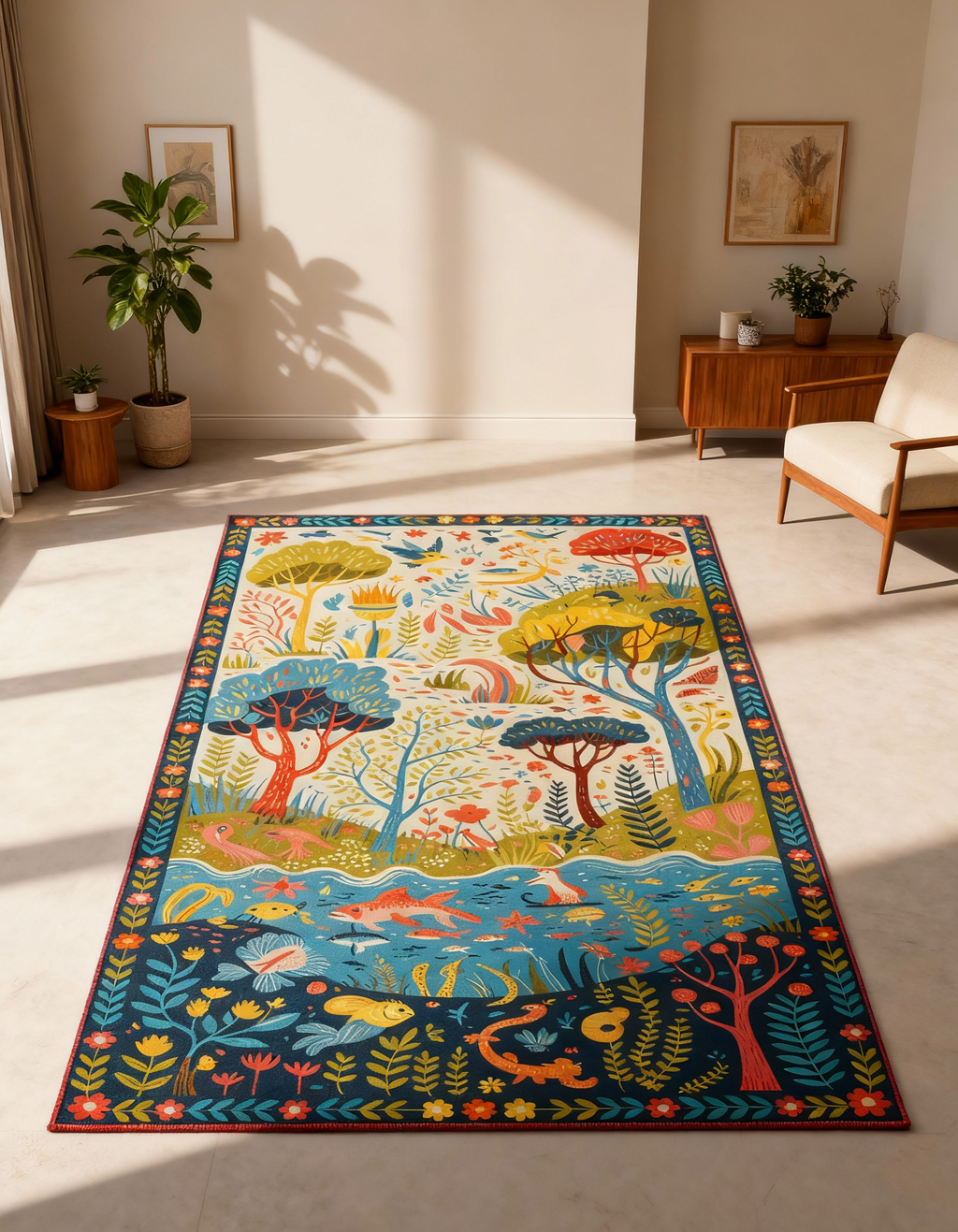 Arte HD009 Ağaç Çiçek Hayvan Temalı Renkli Dekoratif Dokuma Halı