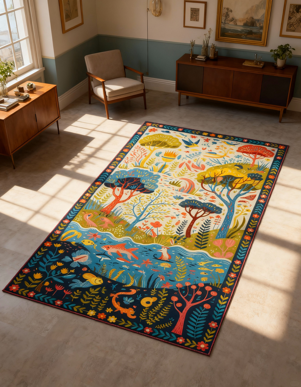 Arte HD009 Ağaç Çiçek Hayvan Temalı Renkli Dekoratif Dokuma Halı