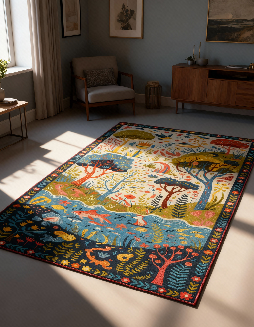 Arte HD009 Ağaç Çiçek Hayvan Temalı Renkli Dekoratif Dokuma Halı