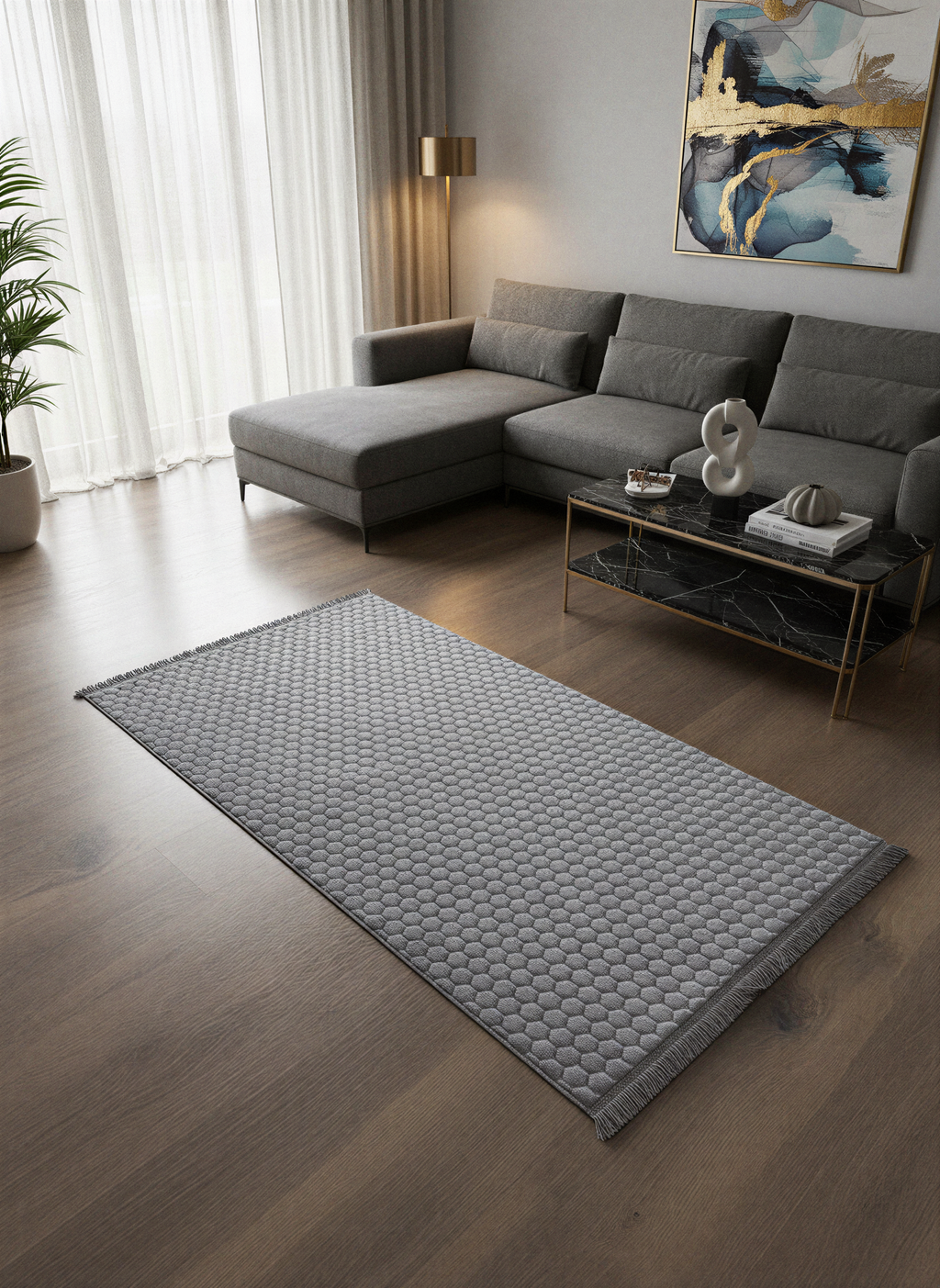 TAVŞAN PETEK  GRİ - Kaymaz Deri Taban Tavşan Shaggy Yatak Odası Oturma Odası Çocuk Odası Halısı