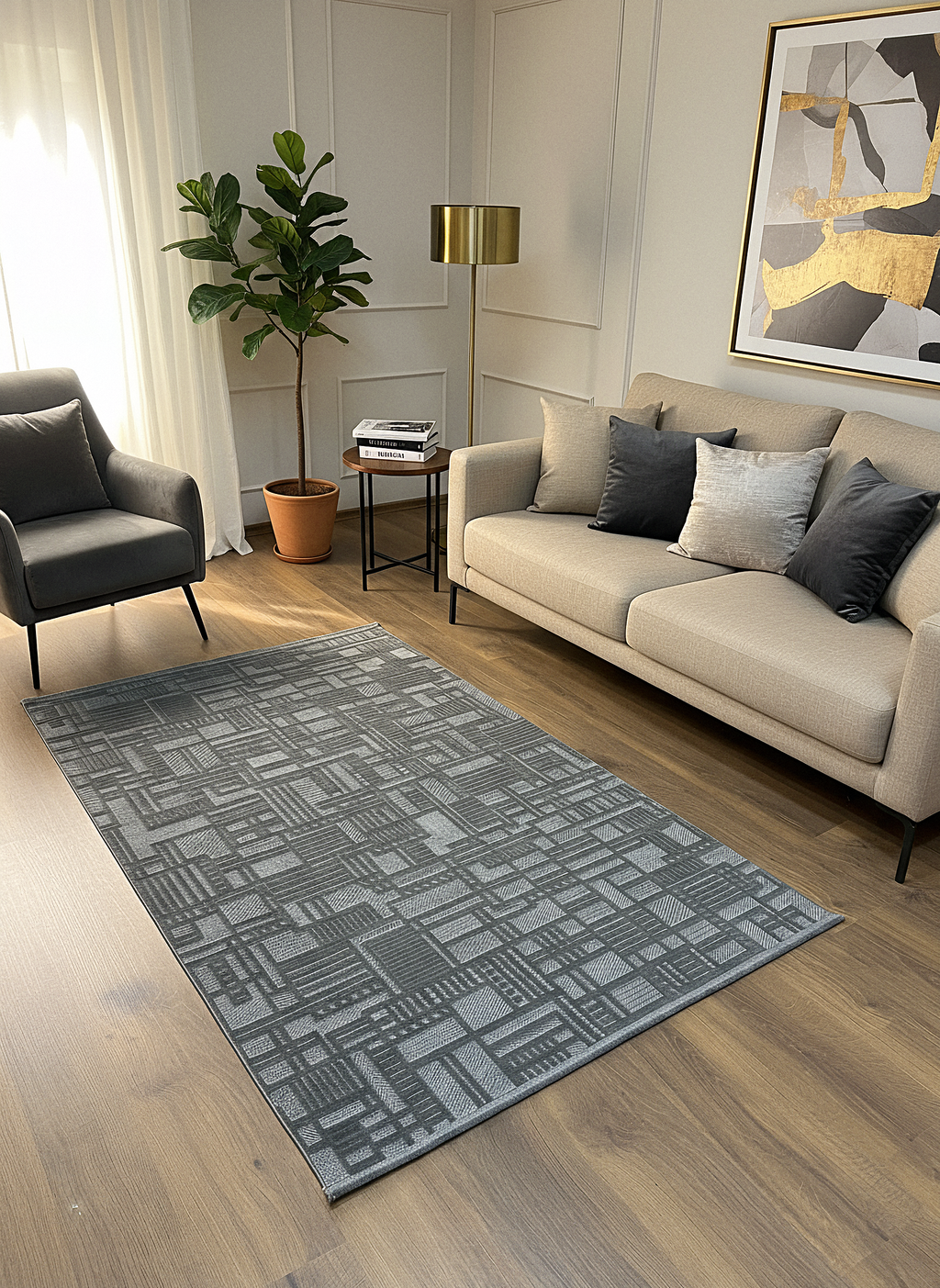 MYRA KOYU GRİ Geometrik Desenli Modern Salon Mutfak Koridor Balkon Halısı