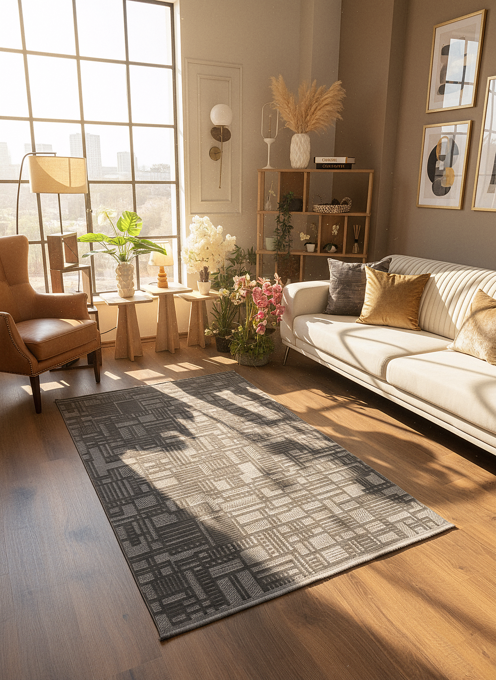 MYRA KOYU GRİ Geometrik Desenli Modern Salon Mutfak Koridor Balkon Halısı