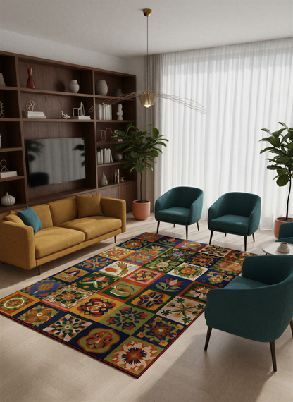 Arte HD038 Çiçek ve Hayvan Figürlü Modern Renkli Dekoratif Dokuma Halı