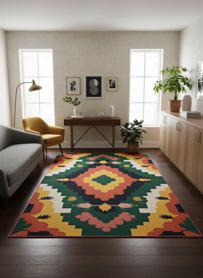 Arte HD033 Çiçek Figürlü Renkli Geometrik Desenli Dekoratif Dokuma Halı
