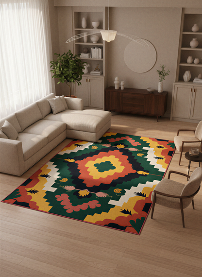 Arte HD033 Çiçek Figürlü Renkli Geometrik Desenli Dekoratif Dokuma Halı
