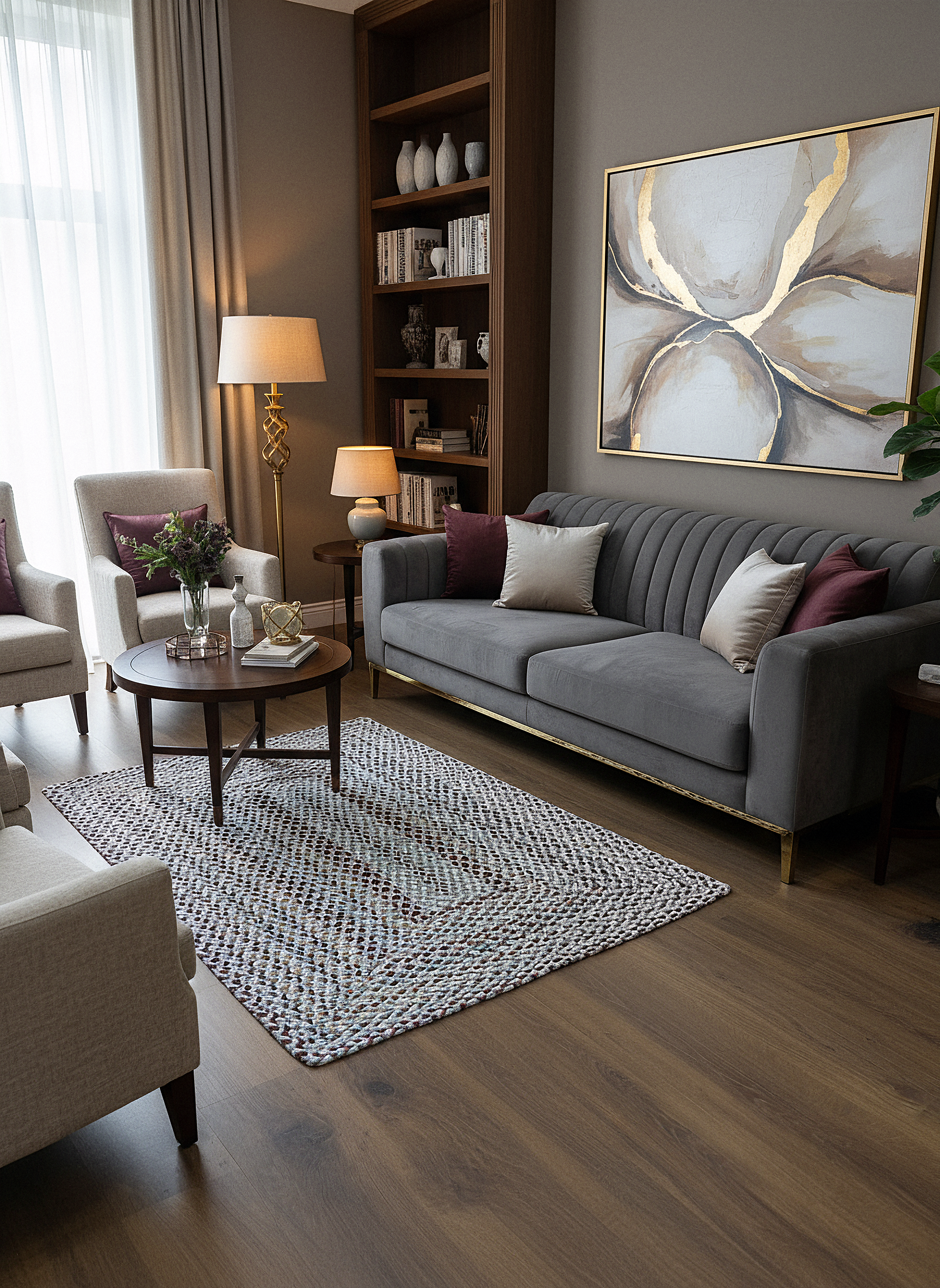 JÜT ÖRGÜ-03 BORDO GRİ El Örgüsü Jüt Hasır Halı