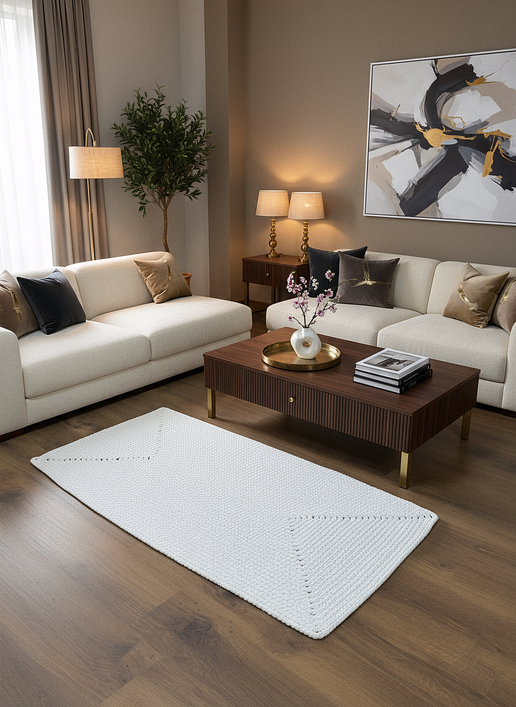 JÜT ÖRGÜ-04 EKRU El Örgüsü Jüt Hasır Halı