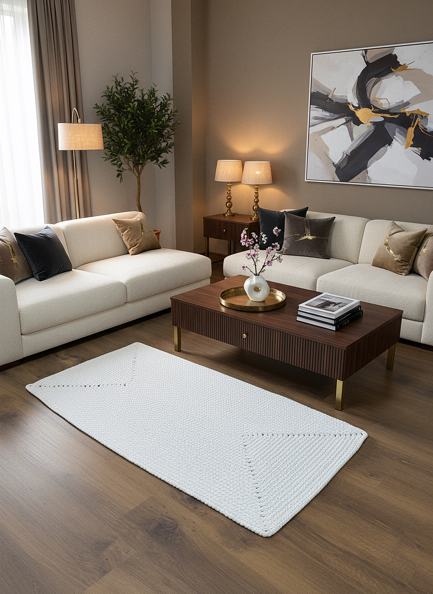 JÜT ÖRGÜ-04 EKRU El Örgüsü Jüt Hasır Halı