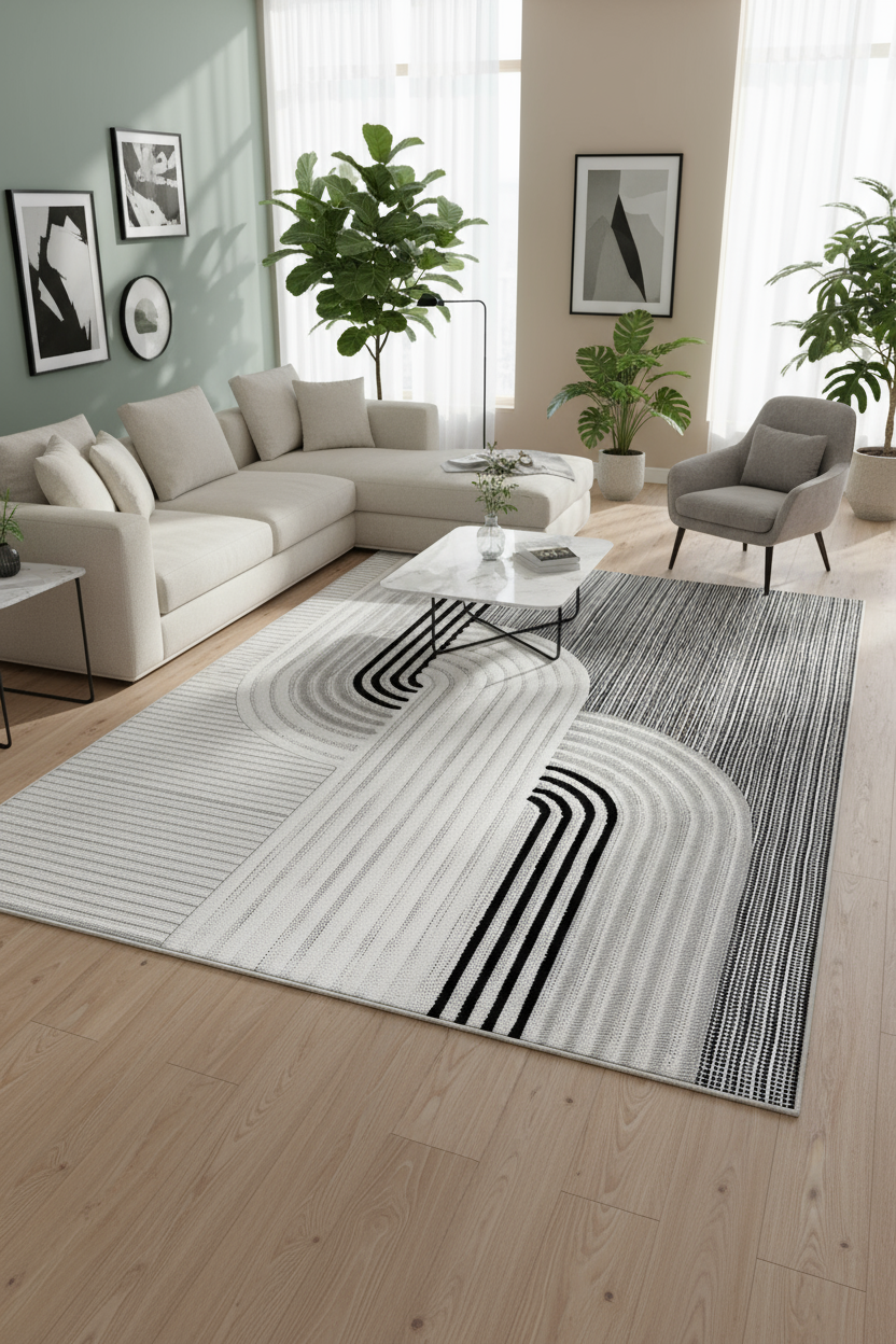 Arte HD Luna Gri Geometrik Desenli Modern Dekoratif Dokuma Şönil Halı