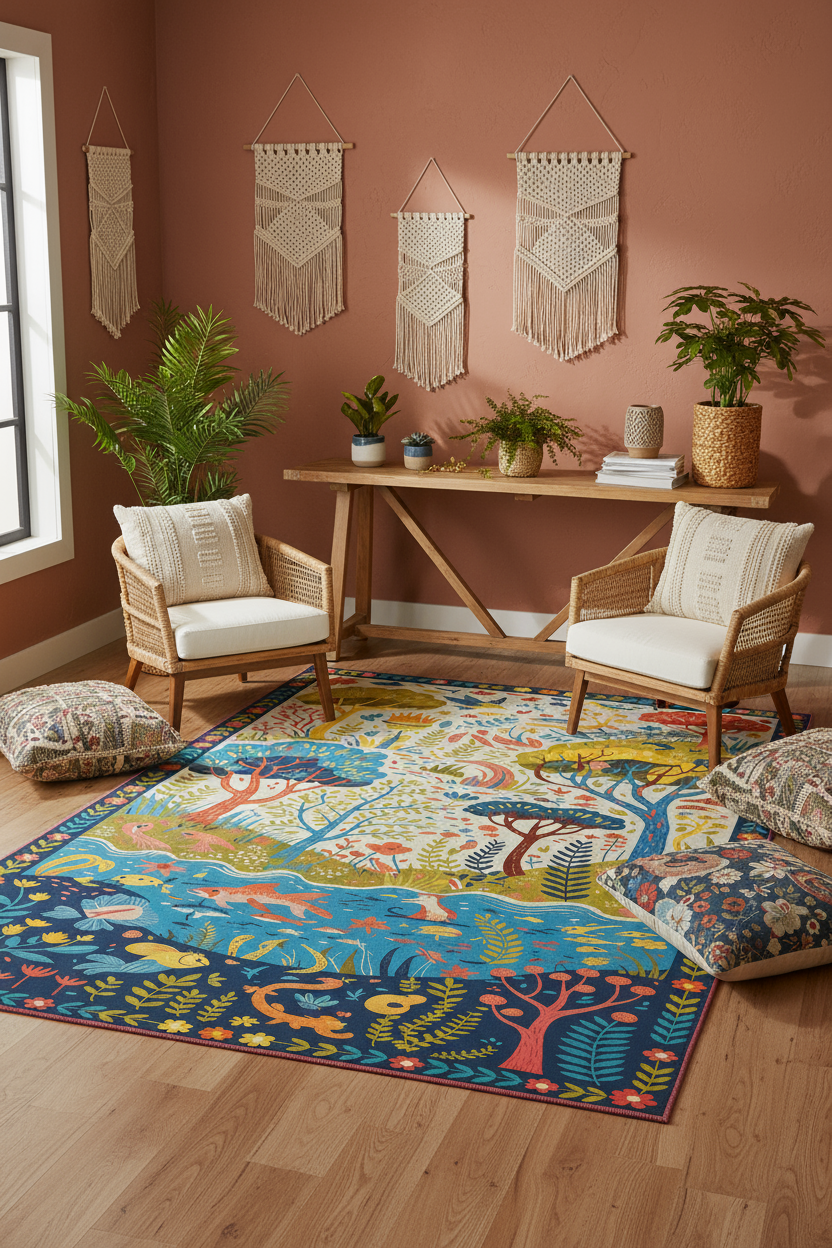 Arte HD009 Ağaç Çiçek Hayvan Temalı Renkli Dekoratif Dokuma Halı