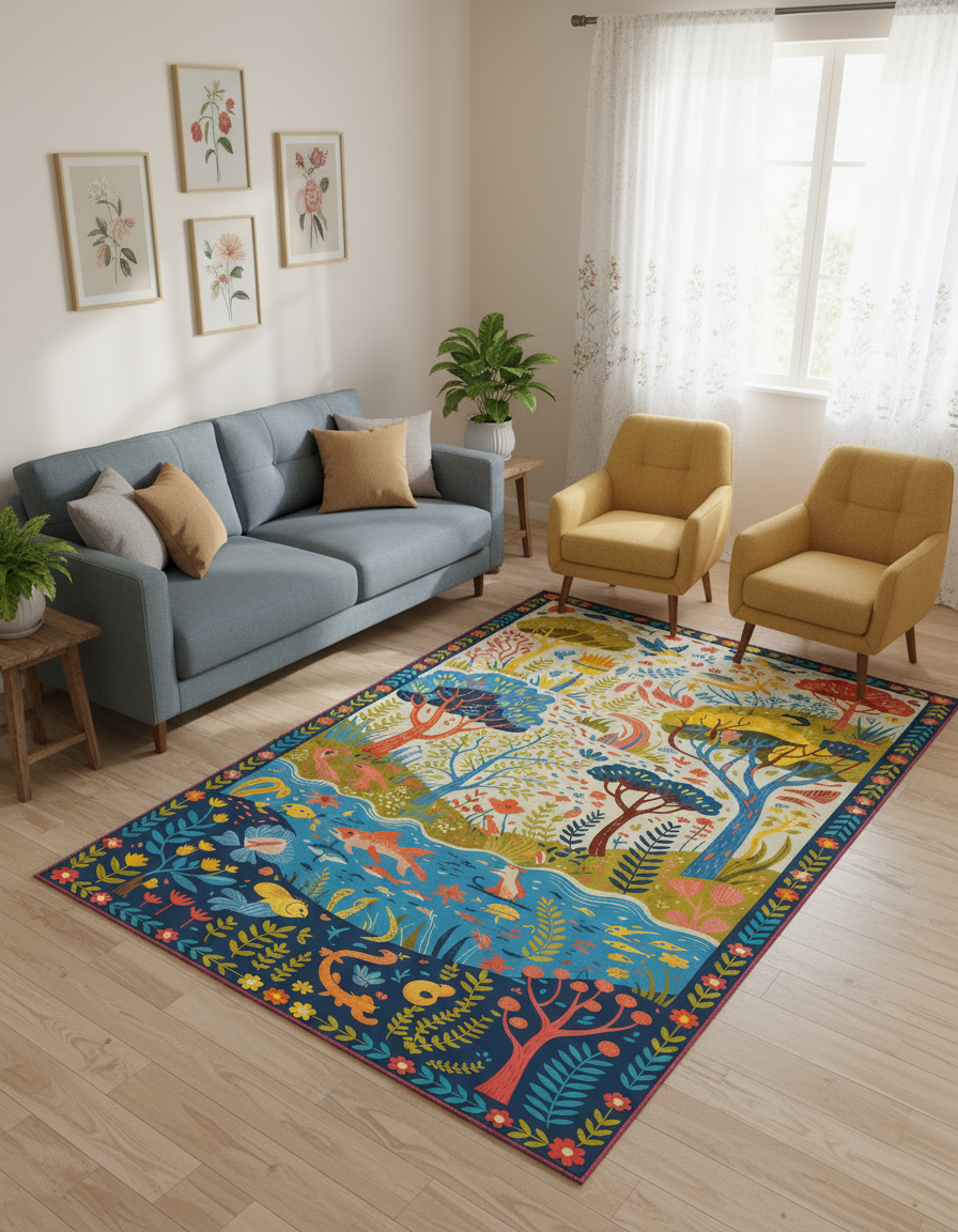 Arte HD009 Ağaç Çiçek Hayvan Temalı Renkli Dekoratif Dokuma Halı