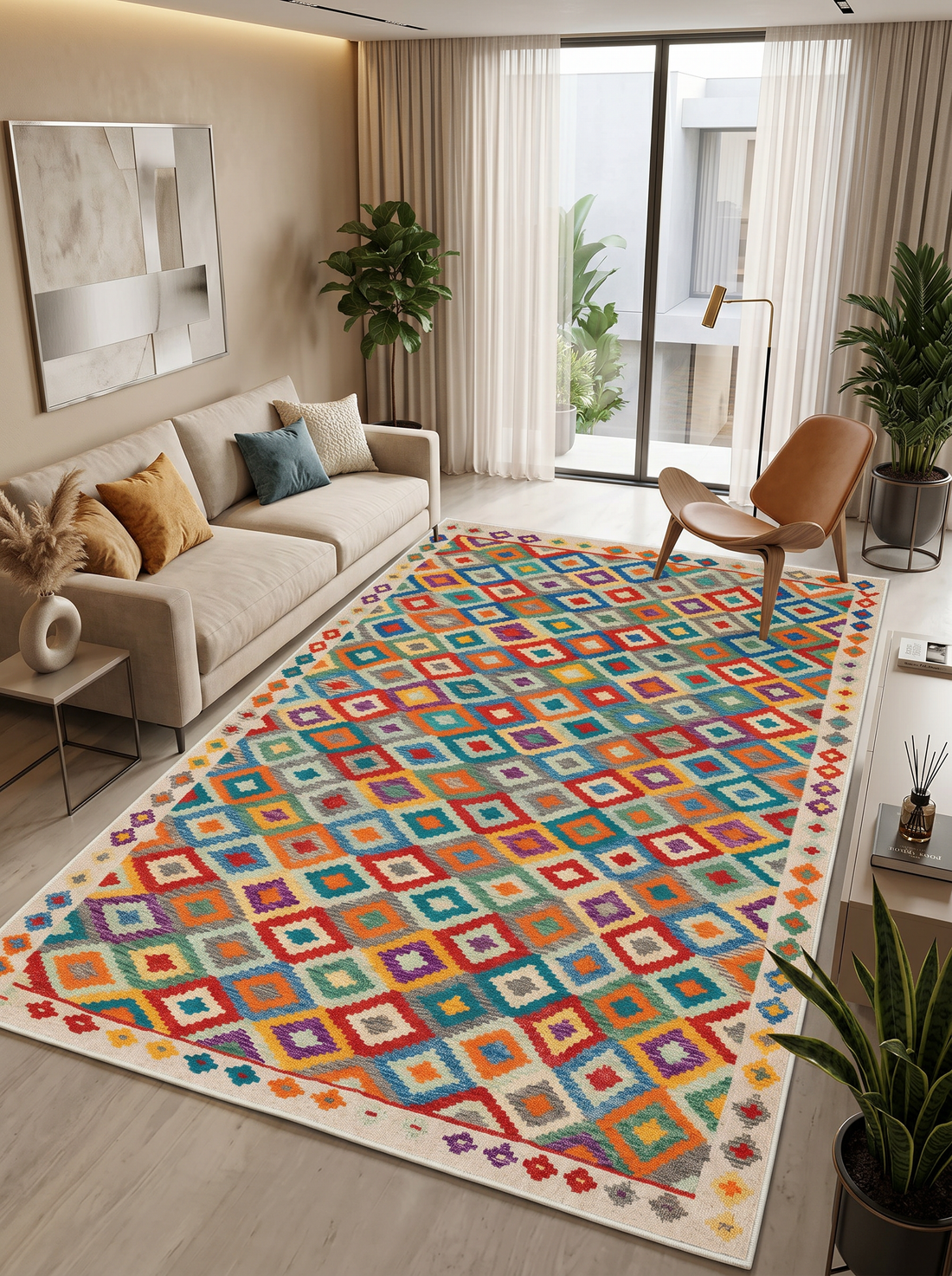 ARTE VN057 İskandinav Geometrik Desenli Renkli Dekoratif Salon Mutfak Koridor Halısı