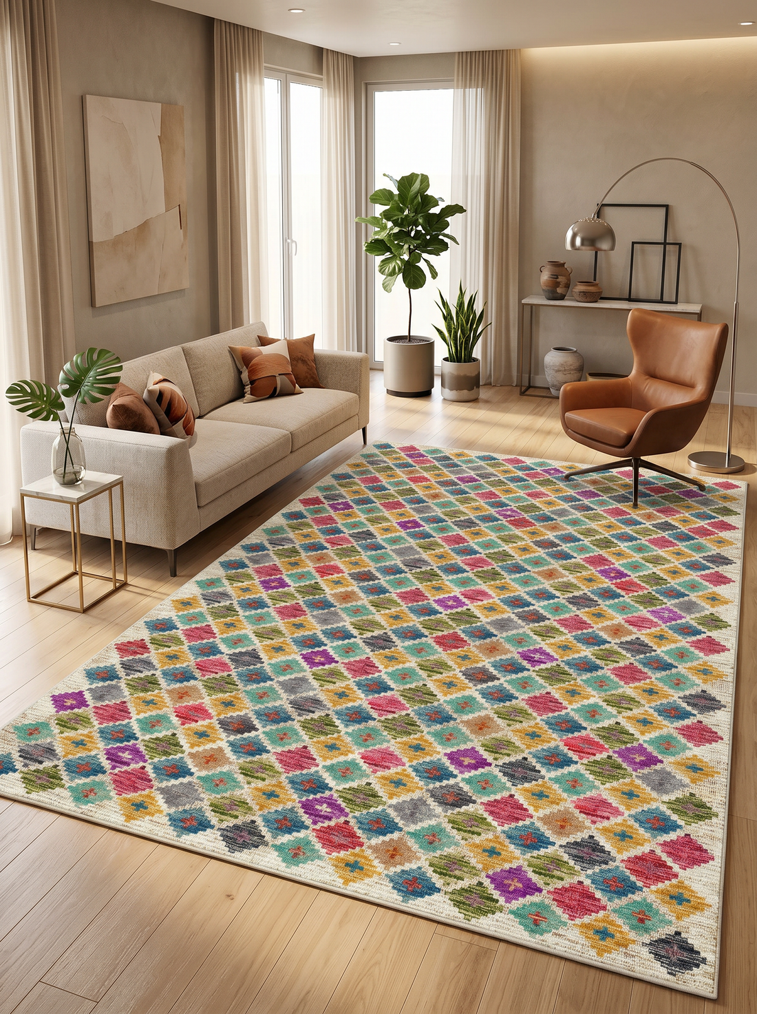 ARTE VN073 İskandinav Geometrik Desenli Renkli Dekoratif Salon Mutfak Koridor Halısı