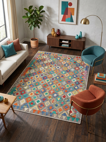 Arte VN123-1 Modern Geometrik Desenli Renkli Dekoratif Şönil Halı