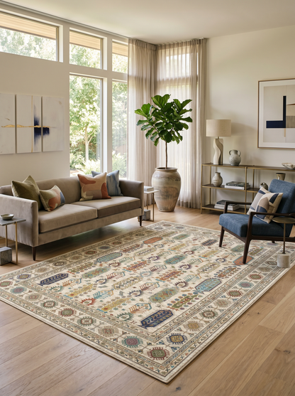 yıkanabilir kaymaz taban şönil dokuma halı 200x250 (5 m²) krem; renkli