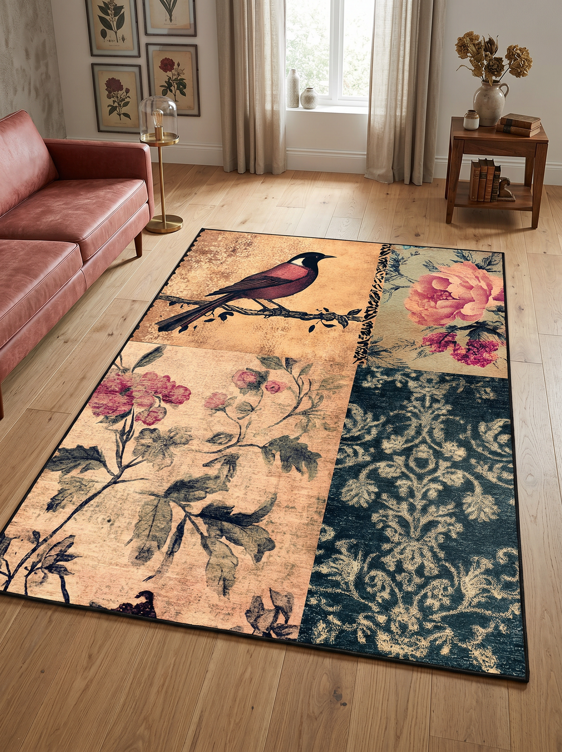 ARTE VN053 Kuş ve Çiçek Figürlü Vintage Dekoratif Salon Mutfak Koridor Halısı