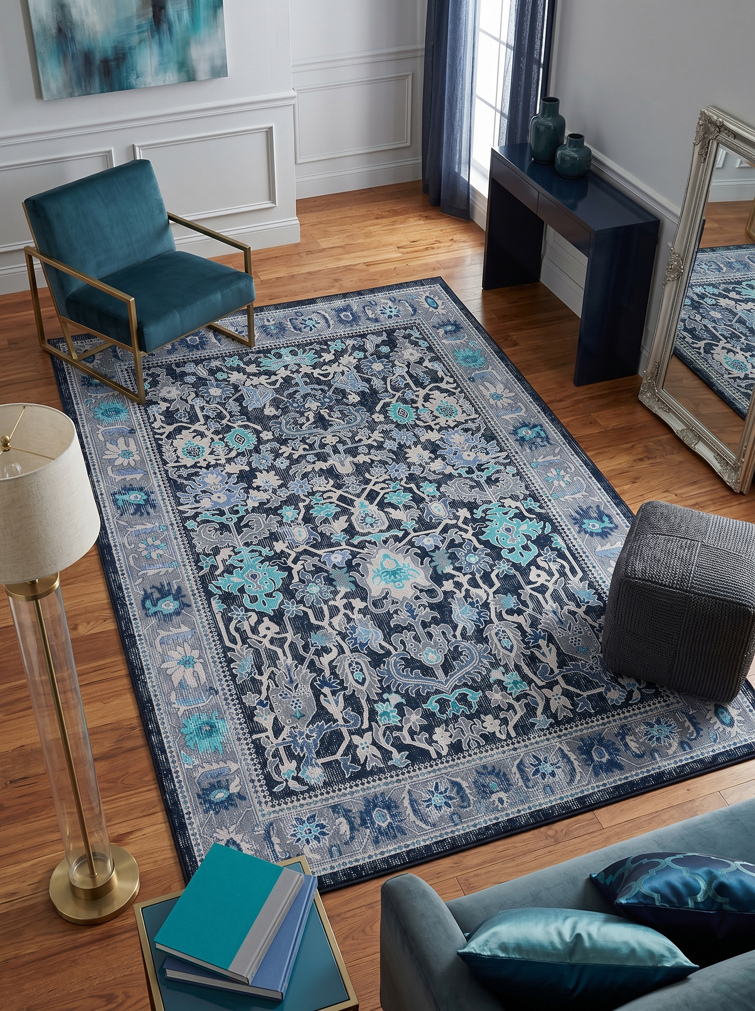 yıkanabilir kaymaz taban şönil dokuma halı 80x100 antrasit; mavi