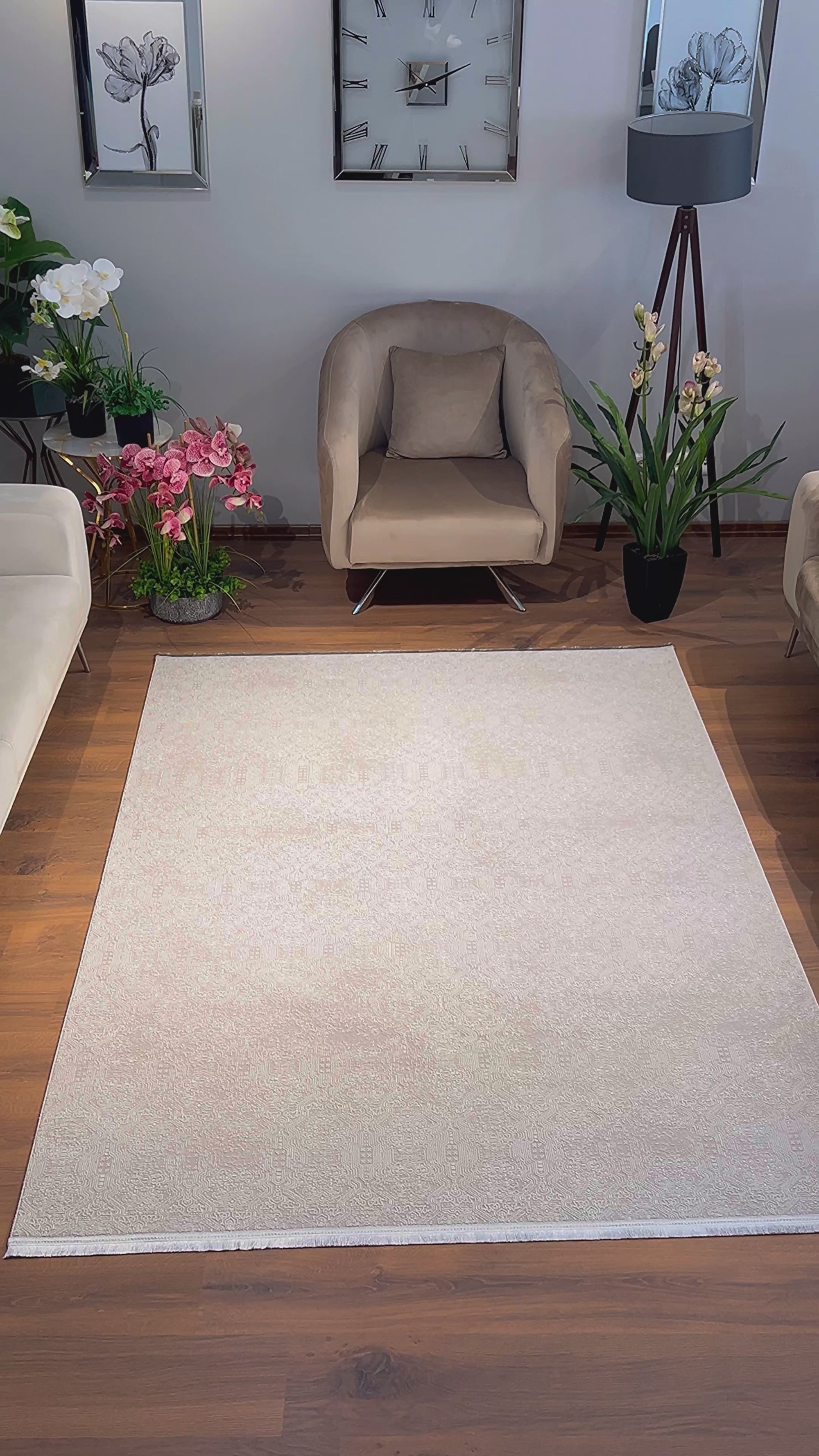LOTUS 8020-T-KREM Sentetik Bambu Parlak Saten Salon Koridor Mutfak Halısı