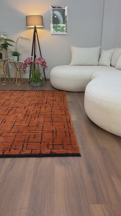 ŞÖNİL HÜNKAR Kaymaz Taban İskandinav Desenli Salon Koridor Mutfak Şönil Kilim Dokuma Halı-KİREMİT